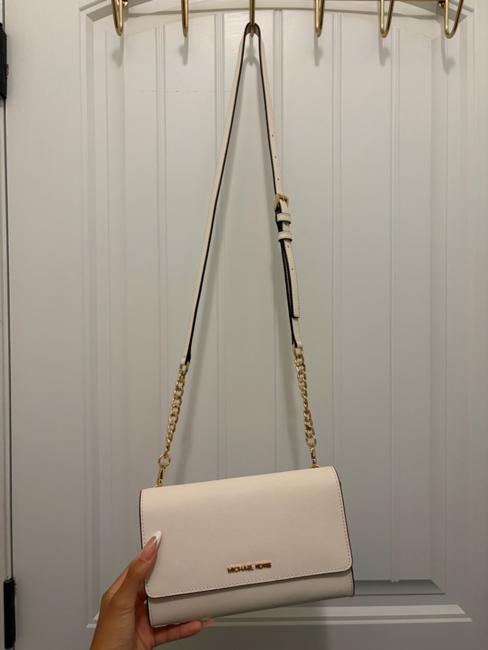 Michael Kors Cream Leather Cardholder Crossbody Wallet with Gold Hardware